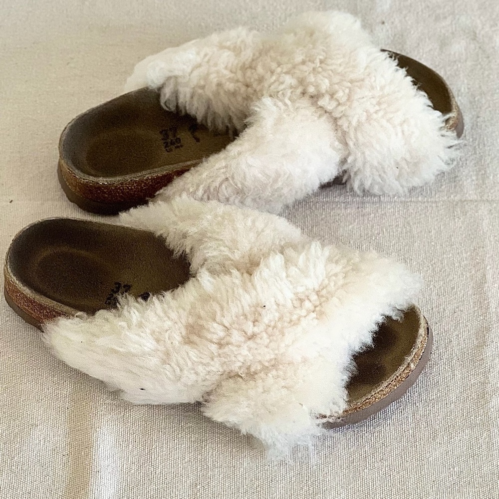 Papillio Cream Shearling Crossover Slide Sandals - Picture 4 of 16